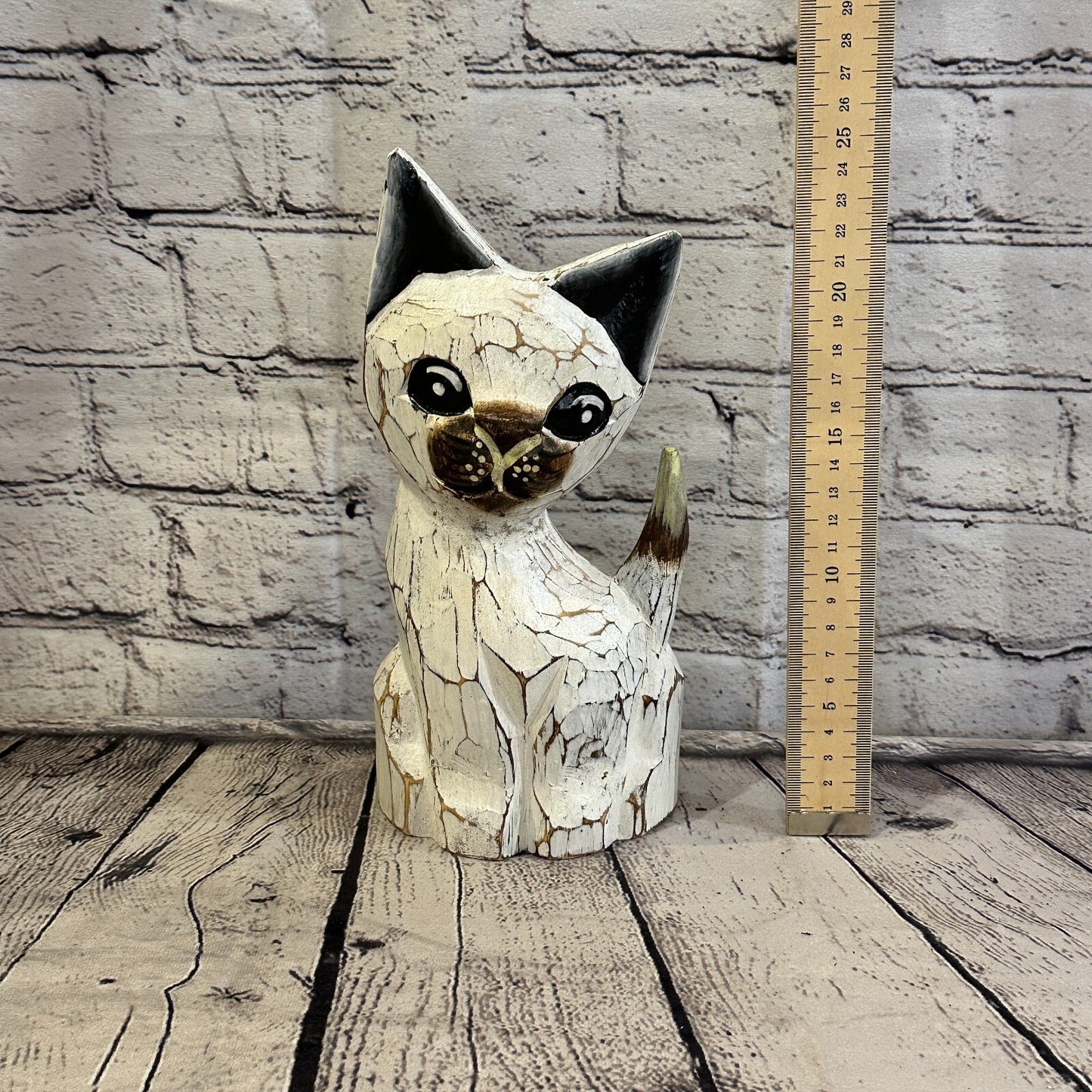 25cm x 10cm White Flower Wooden Shabby Cat Statue Ornament Fair Trade Handcarved