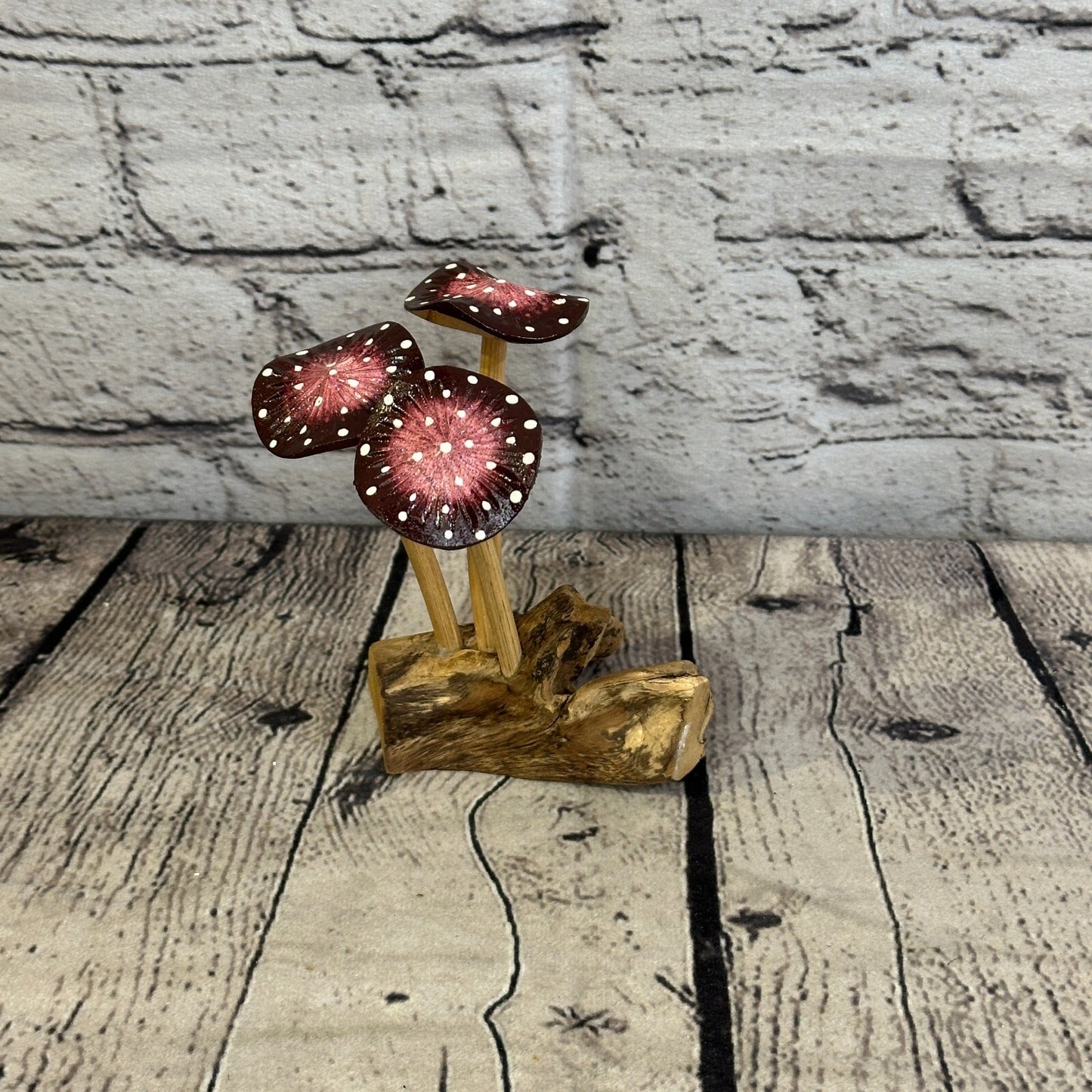 Purple Pink Painted Mushroom Parasite Ornament Natural Carving Fairtrade Wooden