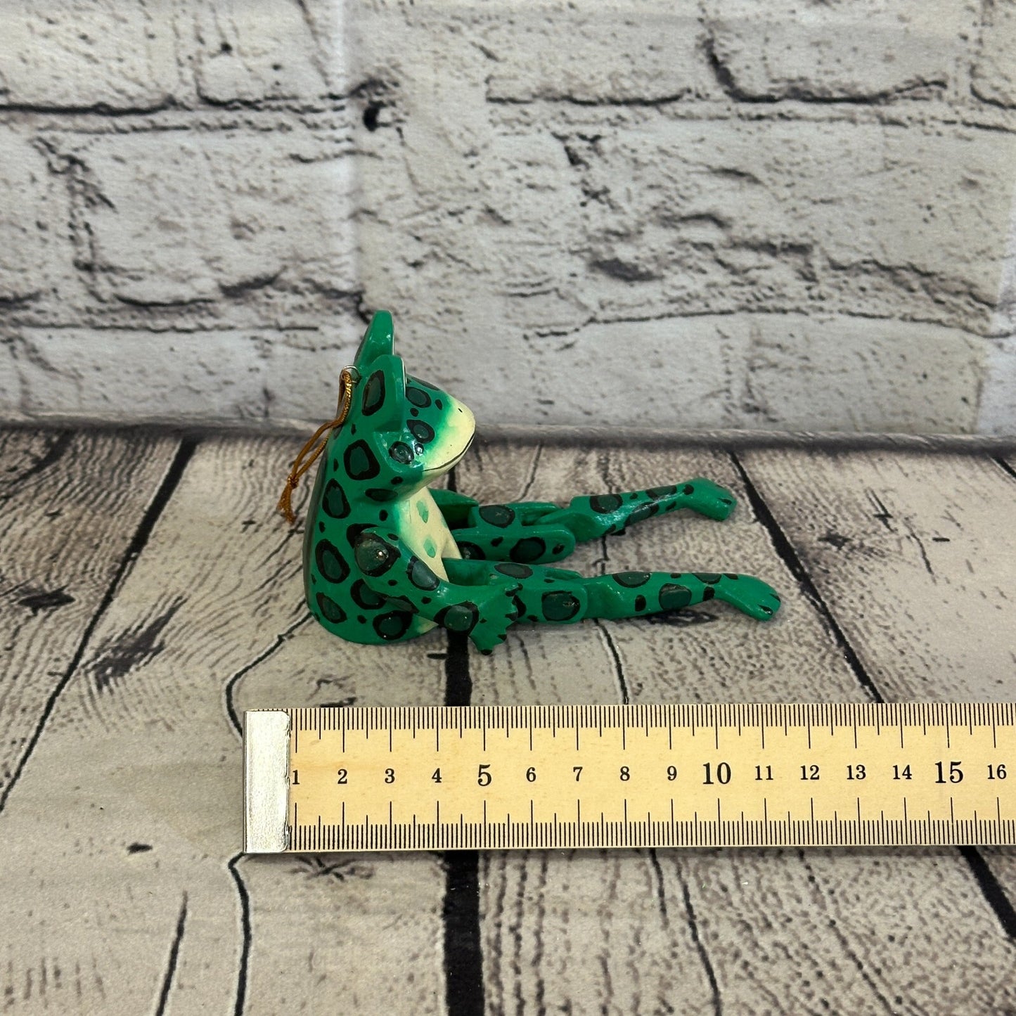 10cm Green Frog Sitting Animal, Wooden Shelf Ornament Handmade and Fairtrade
