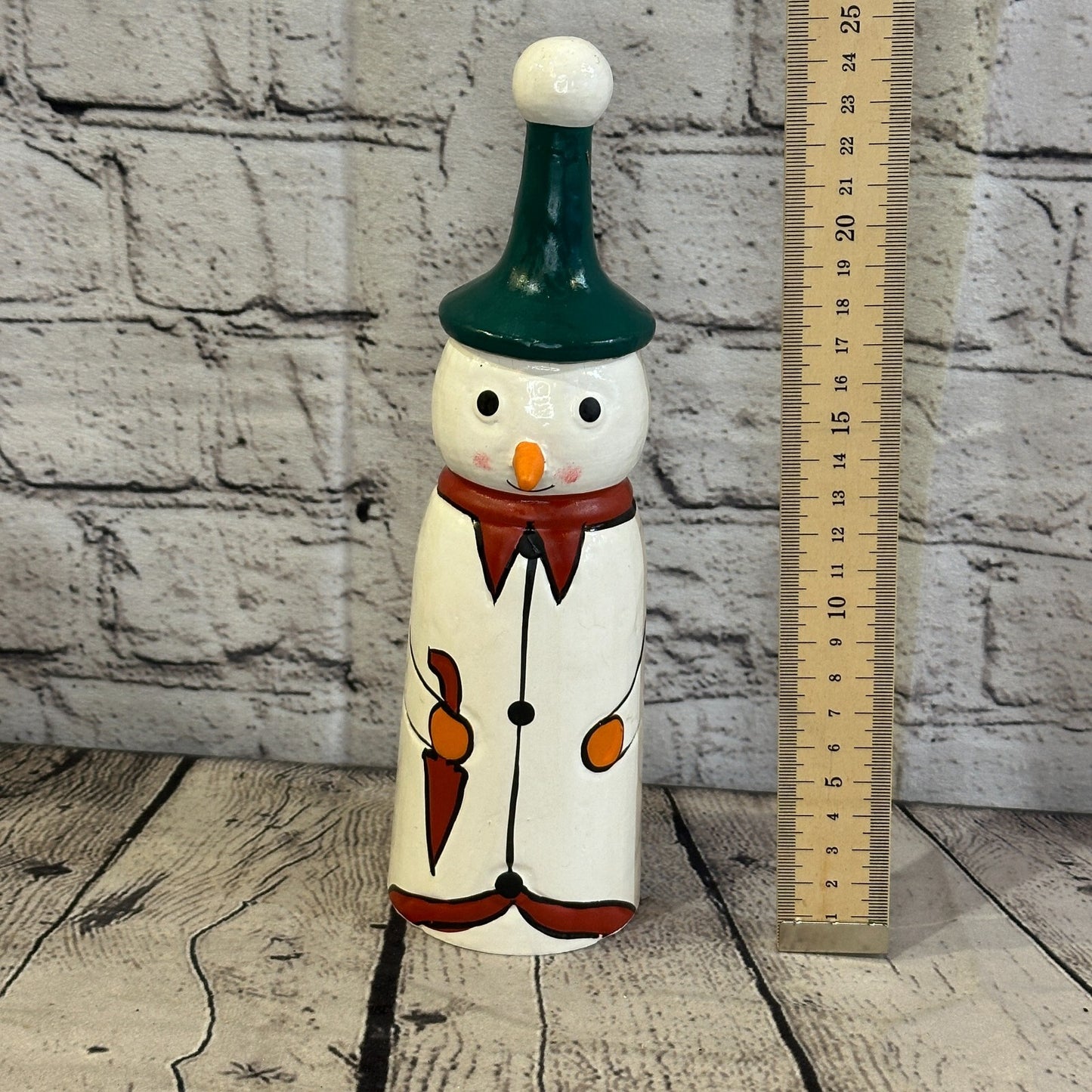 24cm x 6cm Green Pointy Hat Snowman Handcrafted Wood Xmas Christmas Ornament