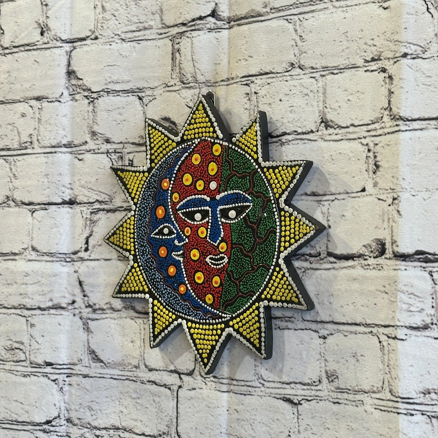 25cm Sun & Moon Carved Wooden Dot Painted Ethnic Tribal Tiki Wall Handmade No 1