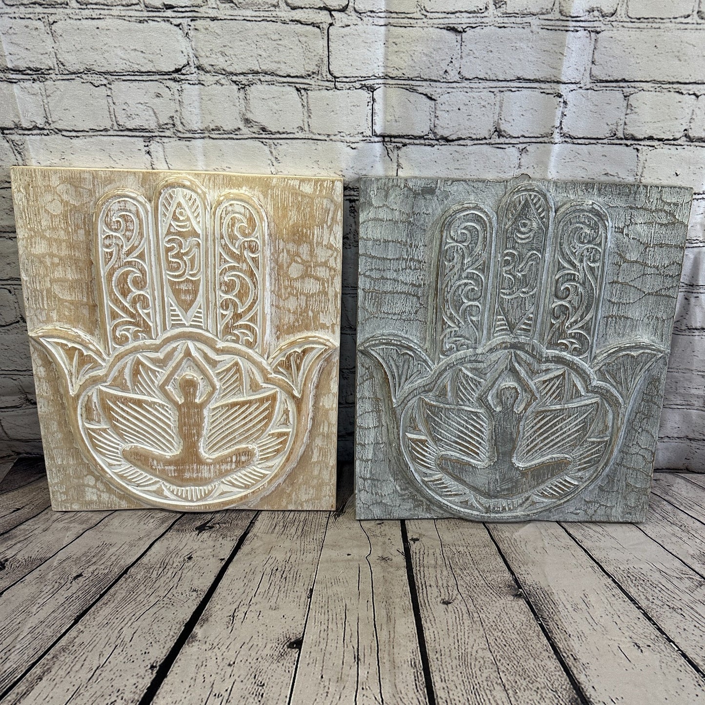 Hand Of Fatima Wooden Panel 40cm x 35cm Silver Grey Wall Art Plaque Handcarved