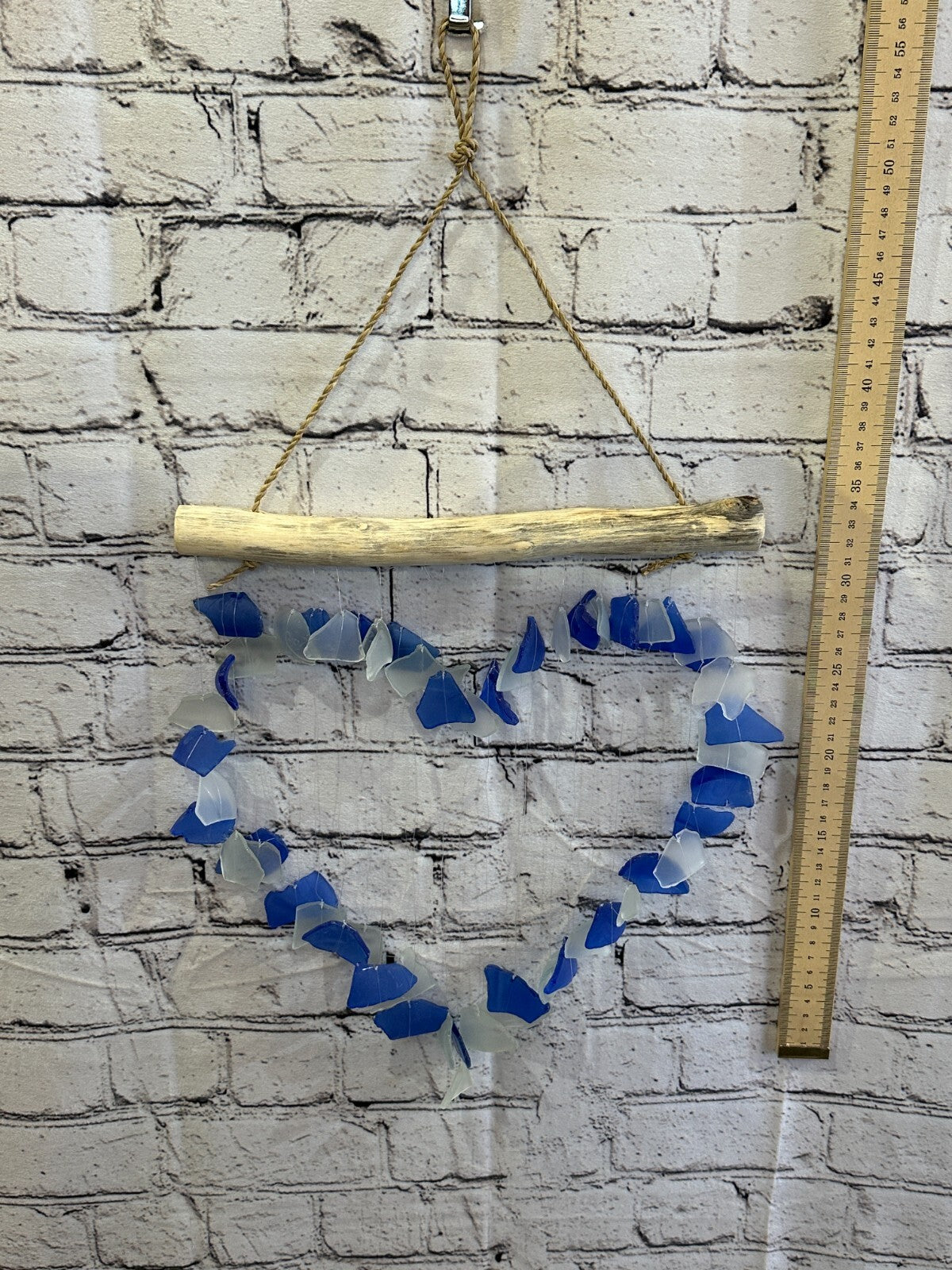 35cm x 25cm Blue Heart Recycled Glass Driftwood Handmade Garden Home Mobile