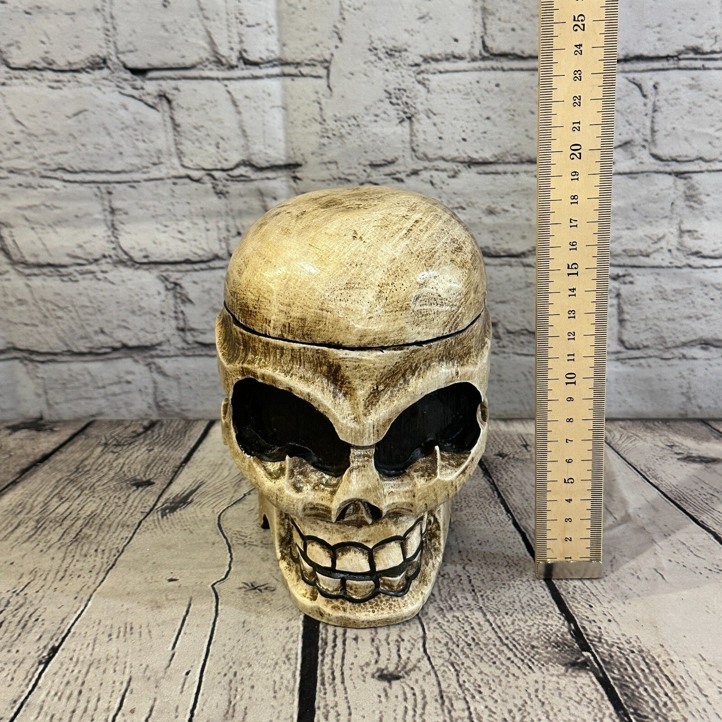 18cm x 12cm Shallow Wooden Gothic Skeleton Skull  Head Coffin Jewellery Box