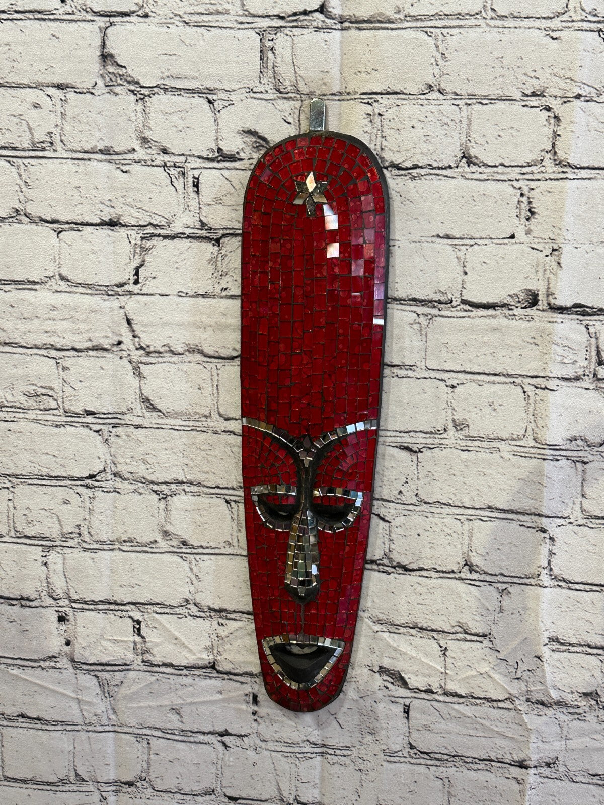 50cm Red Mosaic Mirror Mask Carved Painted Ethnic Tribal Wall Art Handmade