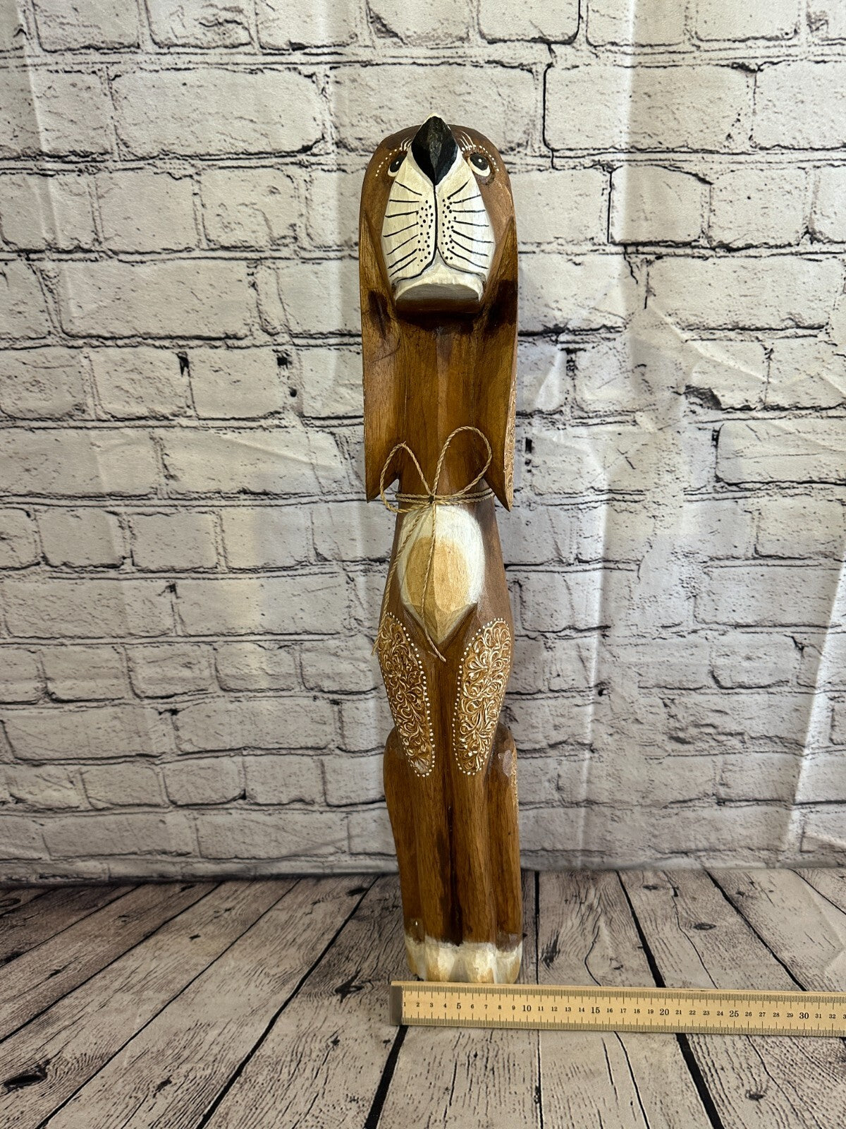 60cm Dark Brown Flower Wooden Shabby Dog Statue Ornament Fair Trade Handcarved