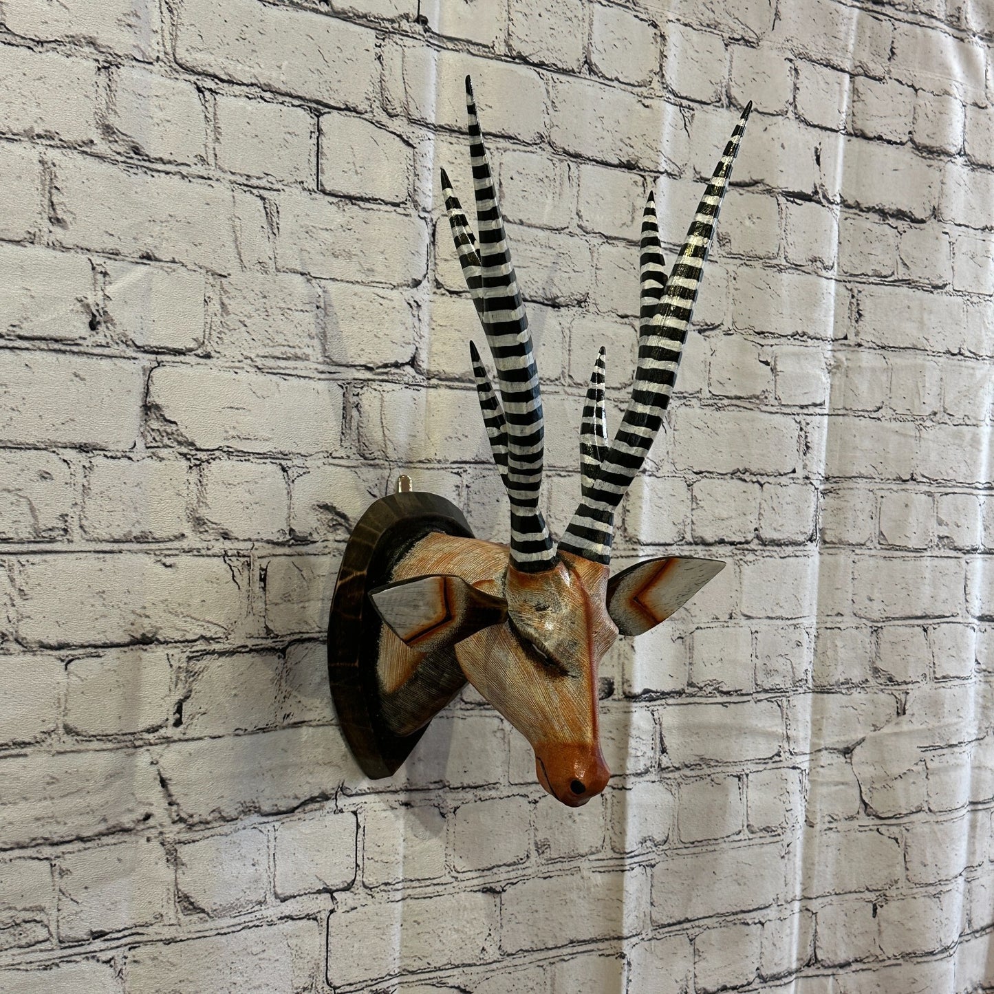 45cm x 25cm Brown Painted Wood Antelope Head Wall Mounted Art Large Shabby