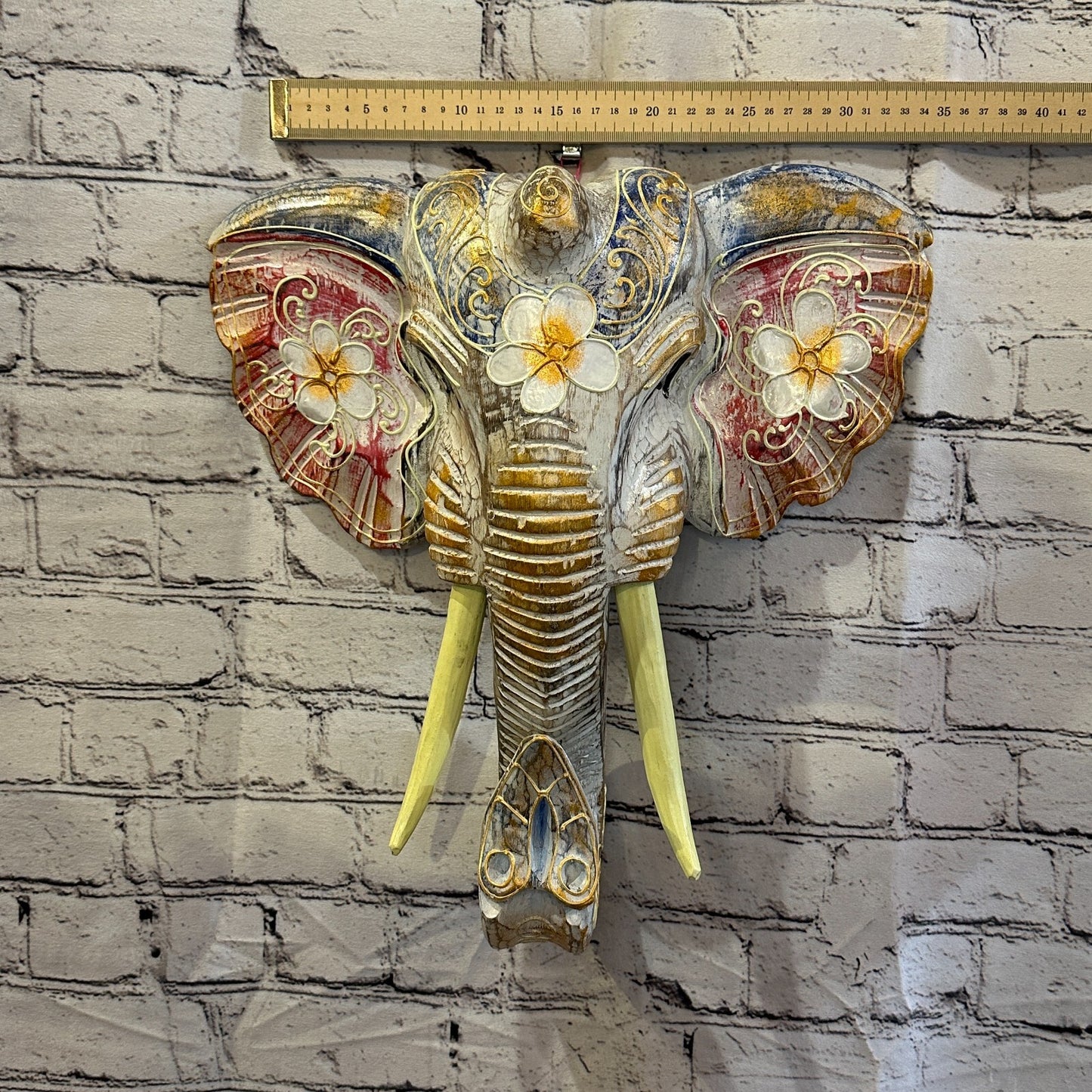 40cm x 35cm Pink Flower Painted Wood Elephant Head Wall Mounted Art Shabby