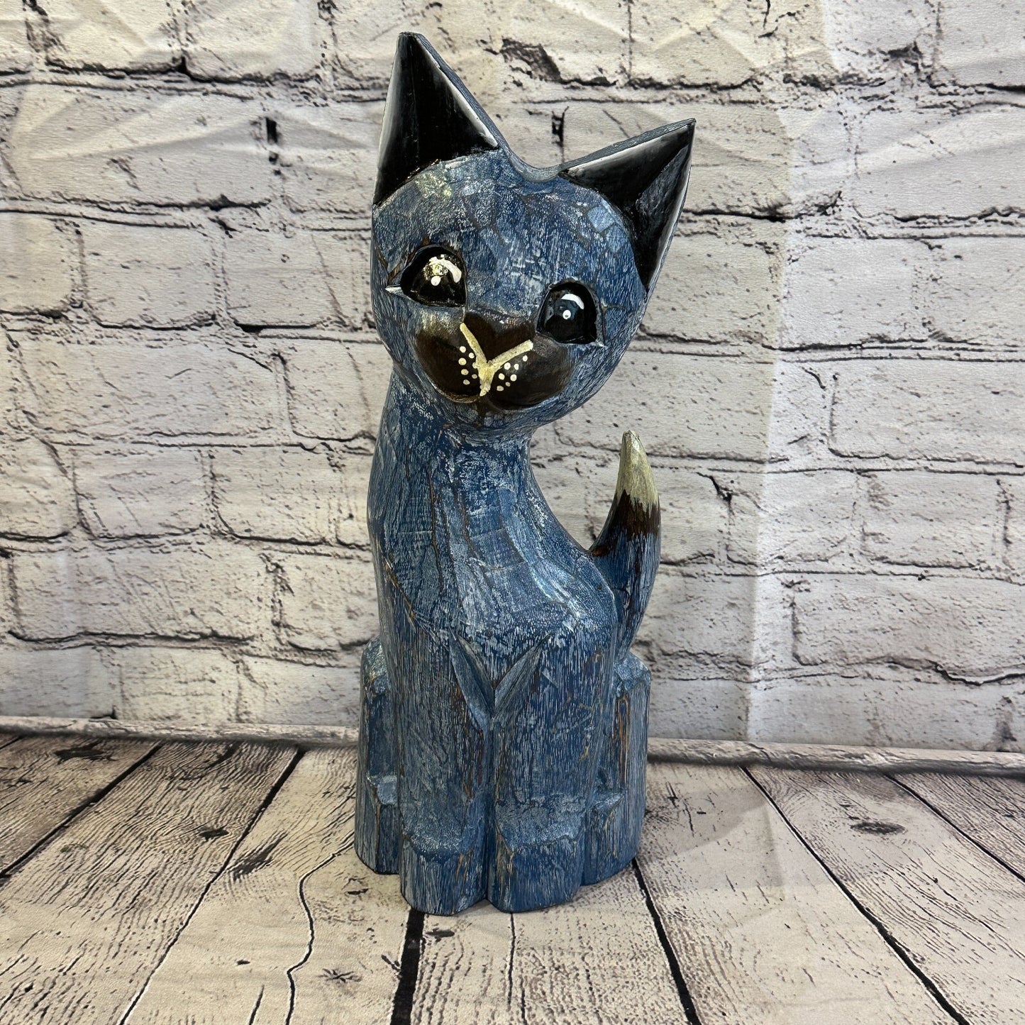35cm x 15cm Blue Flower Wooden Shabby Cat Statue Ornament Fair Trade Handcarved