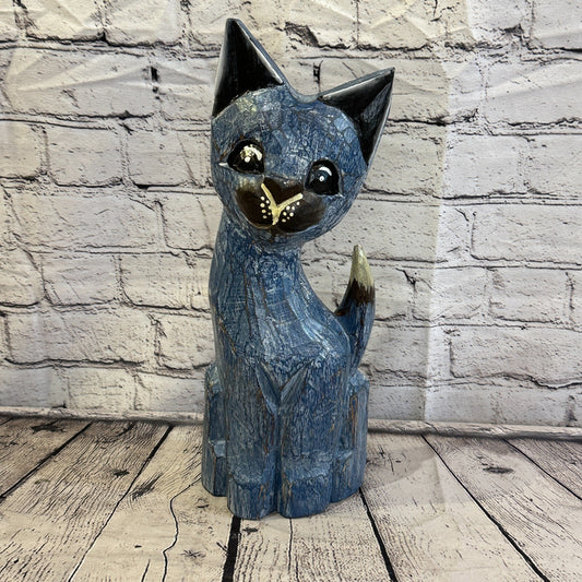 35cm x 15cm Blue Flower Wooden Shabby Cat Statue Ornament Fair Trade Handcarved