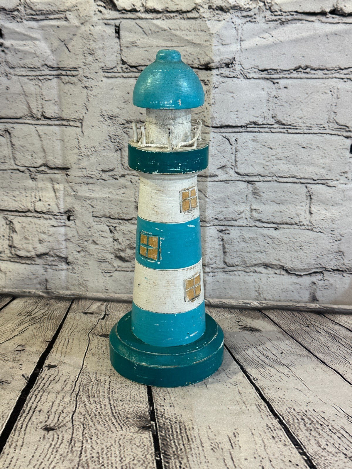 30cm Green White Wooden Lighthouse Ornament Nautical Coastal Sculpture Statue