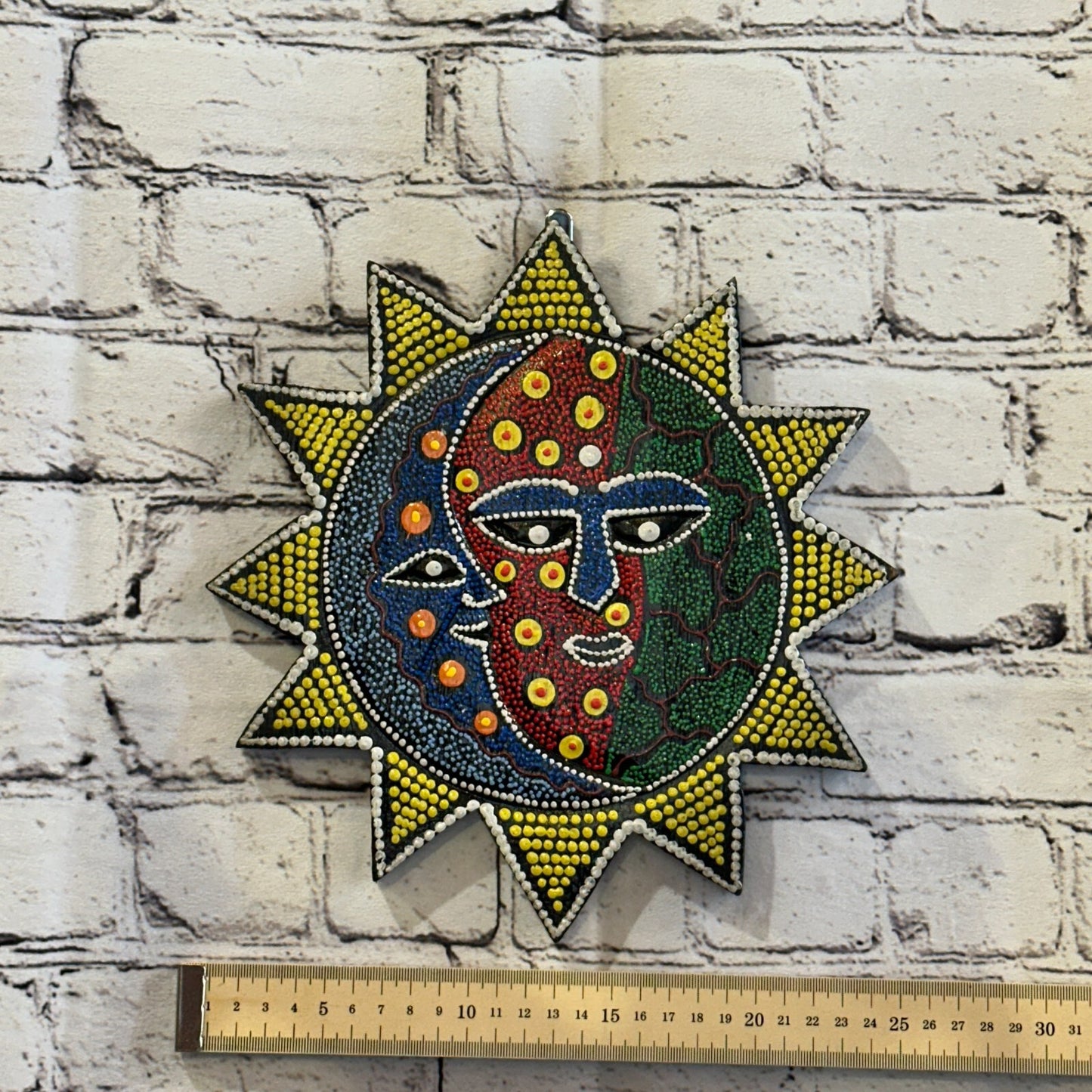 25cm Sun & Moon Carved Wooden Dot Painted Ethnic Tribal Tiki Wall Handmade No 1