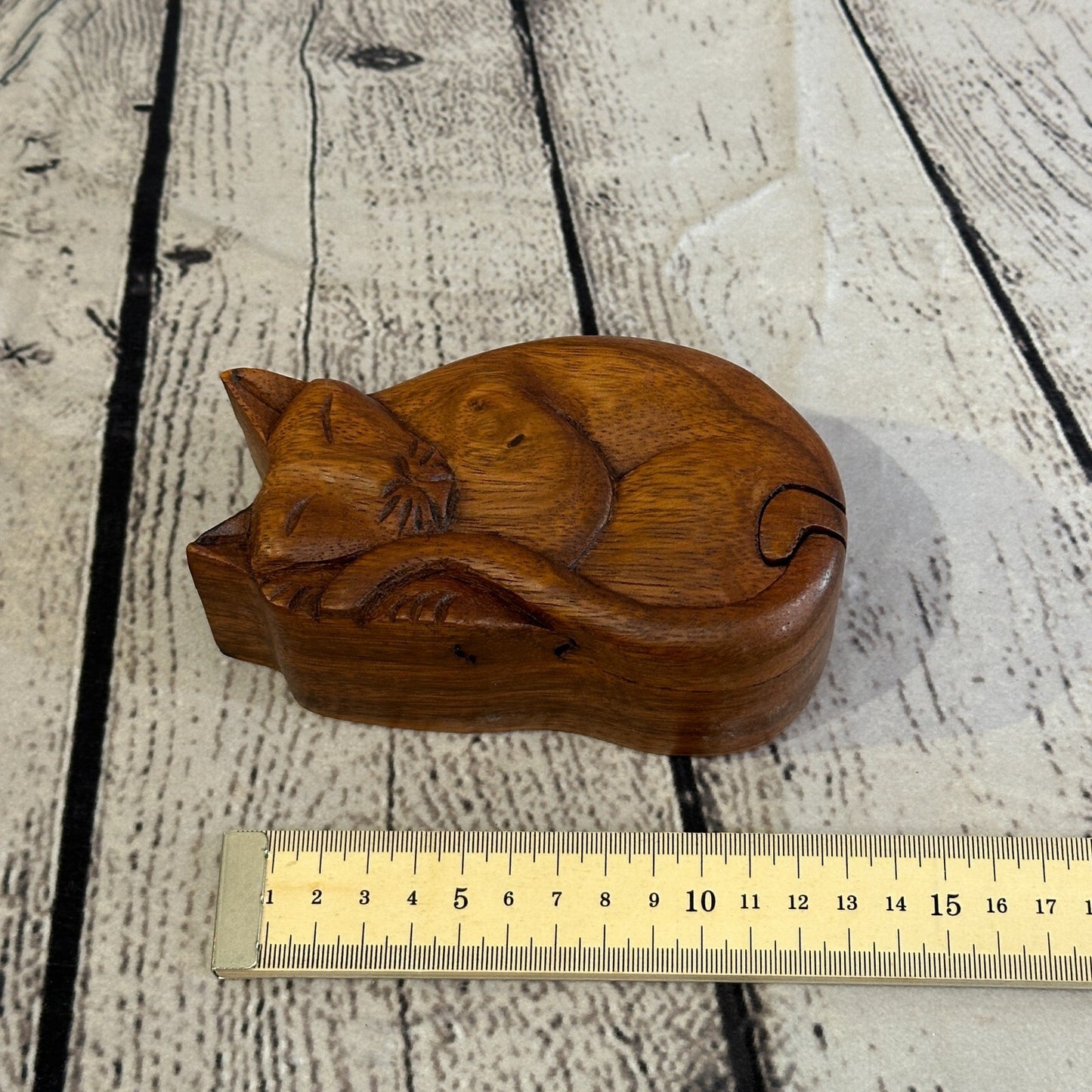 Carved Sleeping Cat 4 Bit Wooden Puzzle Box Secret Box Magic Trinket Handmade