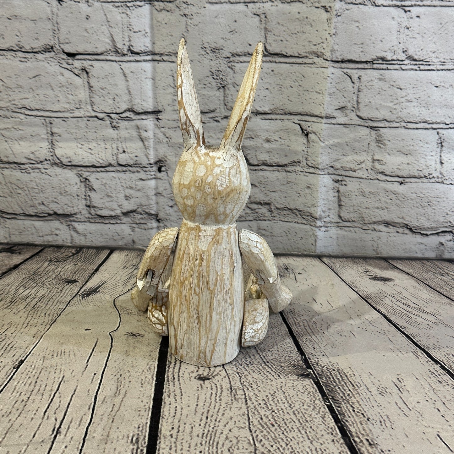 25cm Shabby White Rabbit Sitting Animal Wooden Shelf Ornament Handmade Fairtrade