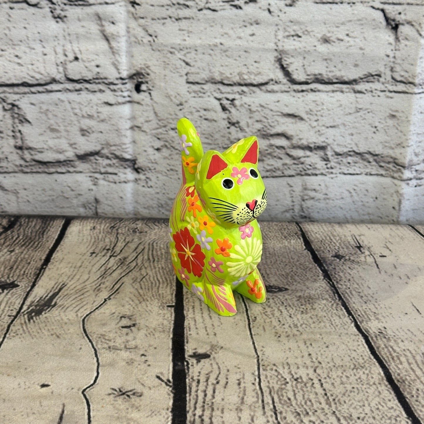 Green Small Wooden Cat With Flower Pattern 12cm x 6cm Handmade and Fairtrade