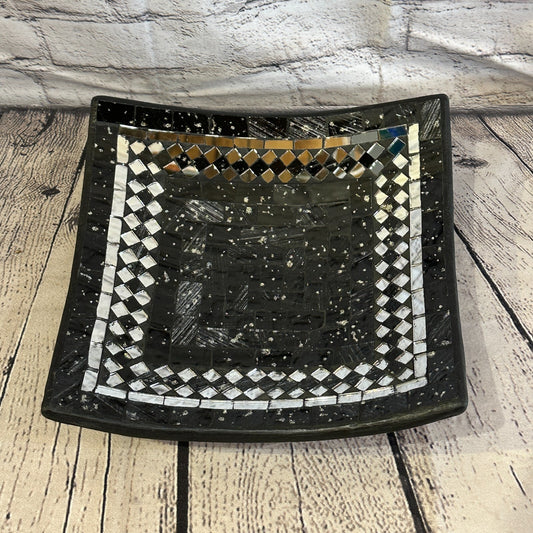 25cm Black Square Mosaic Handmade Ceramic Glass Tile Bowl Fruit