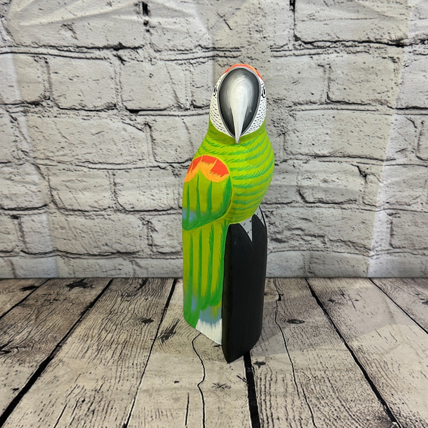 30cm Green Parrot Bird Ornament Statue Fair Trade Hand Made Carved Wood