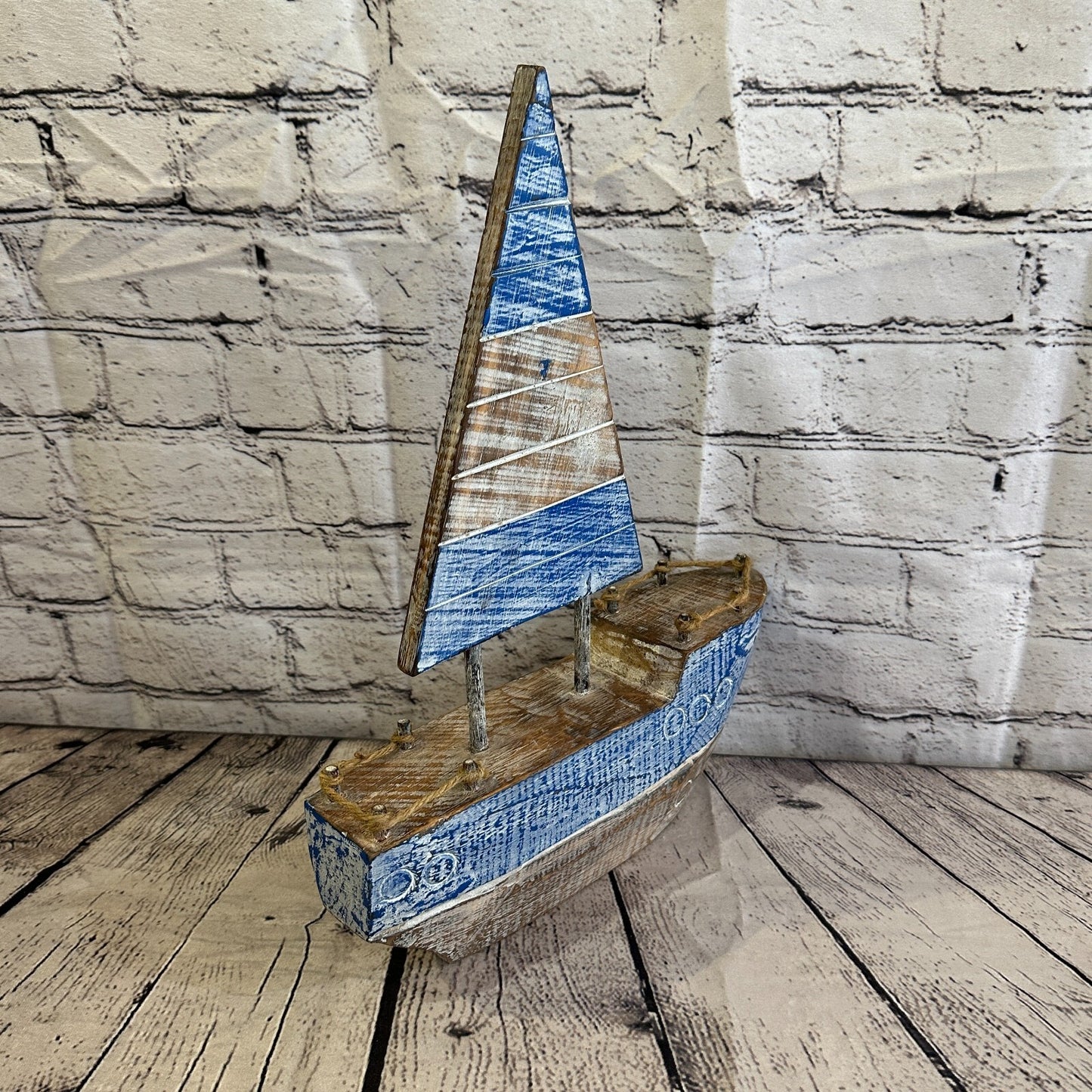 40cm Rustic Wooden Brown & Blue Sailing Boat Nautical Ornament Sculpture Decor