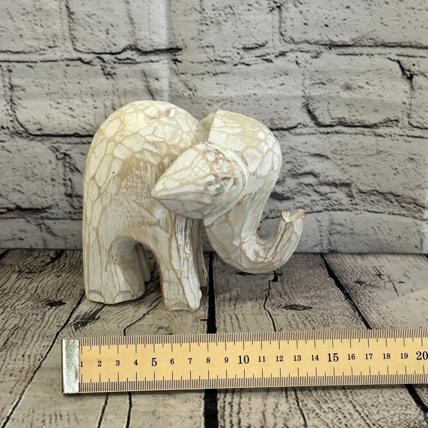 White Wooden Elephant With Shabby Pattern 12cm x 12cm Handmade and Fairtrade
