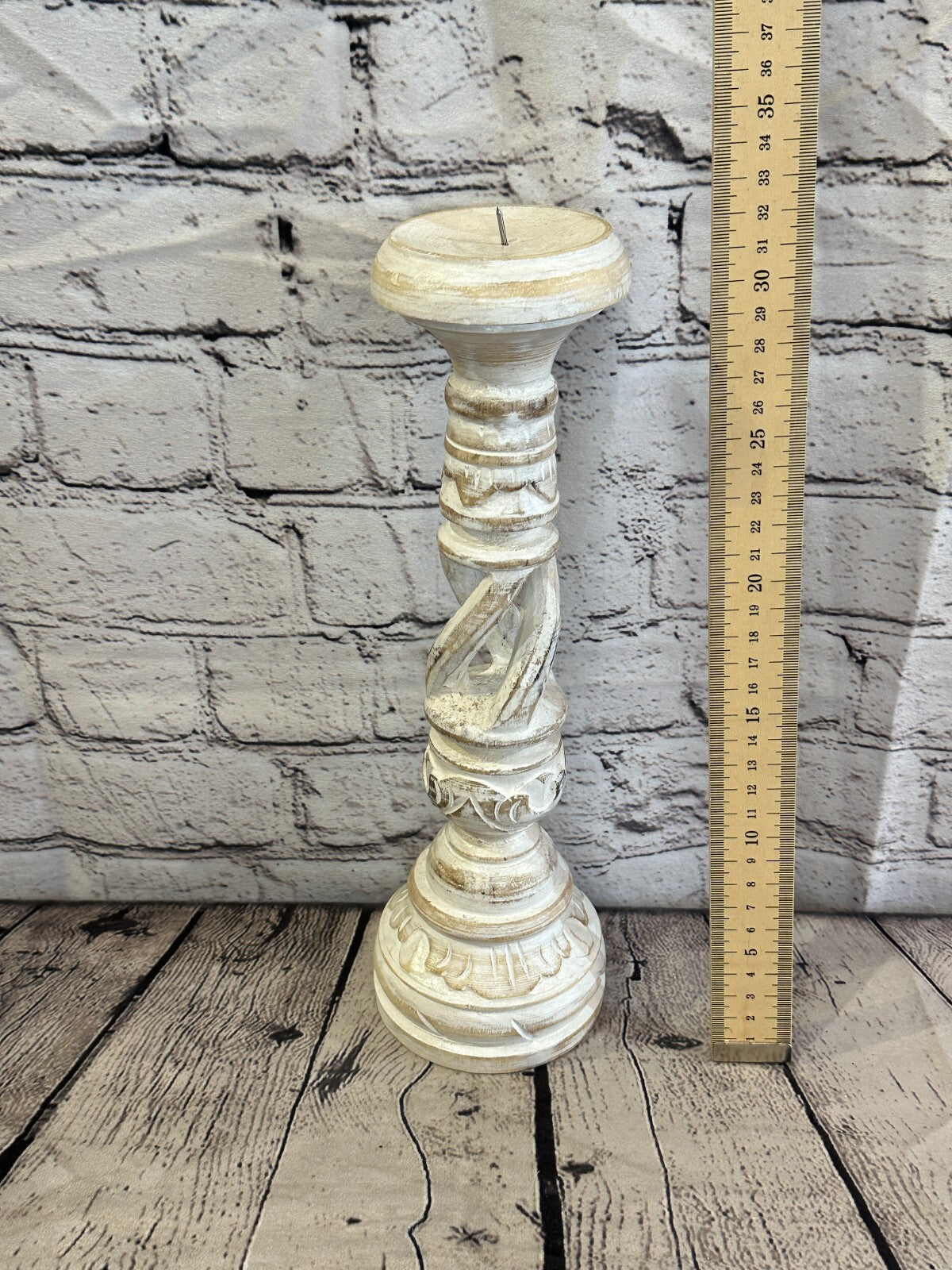 30cm White Tall Candlestick Shabby Chic Distressed Twist Column Candle Holder