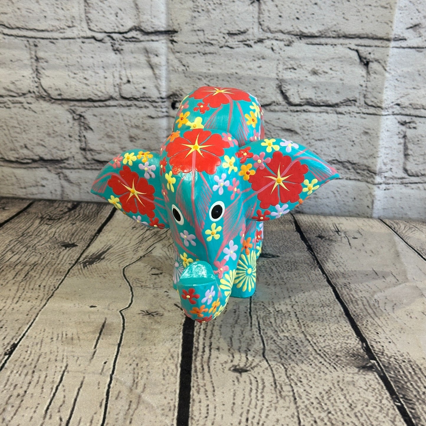 Blue Wooden Elephant With Flower Pattern 15cm x 18cm Handmade and Fairtrade