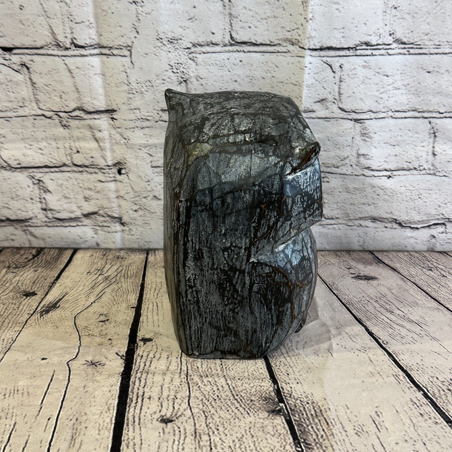 20cm x 15cm Black Flower Wooden Shabby Owl Statue Ornament Fair Trade Handcarved