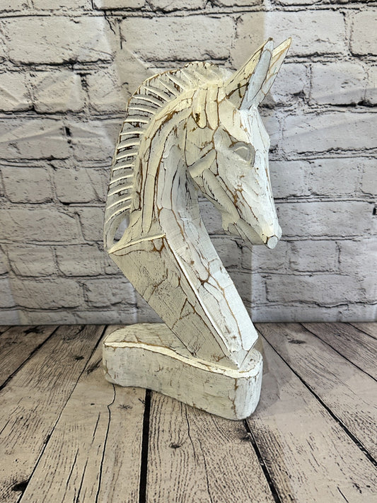 White Wooden 40cm x 20cm Horse Head Bust Hand Carved Wood Sculpture
