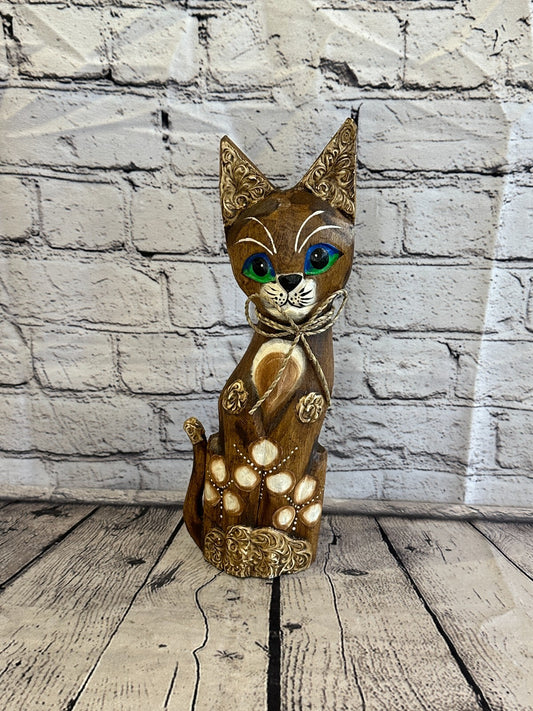 30cm Brown Swirl Flower Wooden Shabby Cat Statue Ornament Fair Trade Handcarved