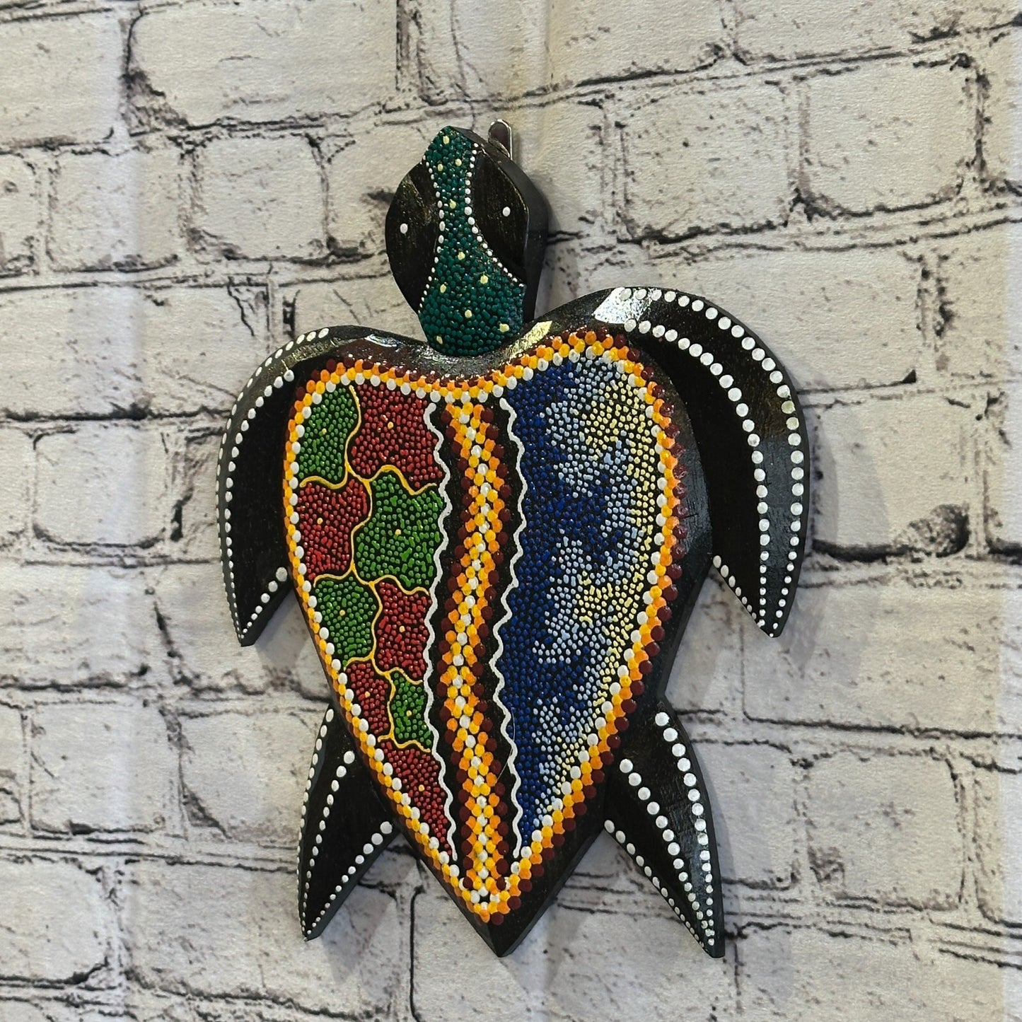 30cm Turtle Carved Wooden Dot Painted Ethnic Tribal Tiki Wall Art Handmade No 3