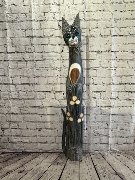 100cm Grey Swirl Flower Wooden Shabby Cat Statue Ornament Fair Trade Handcarved