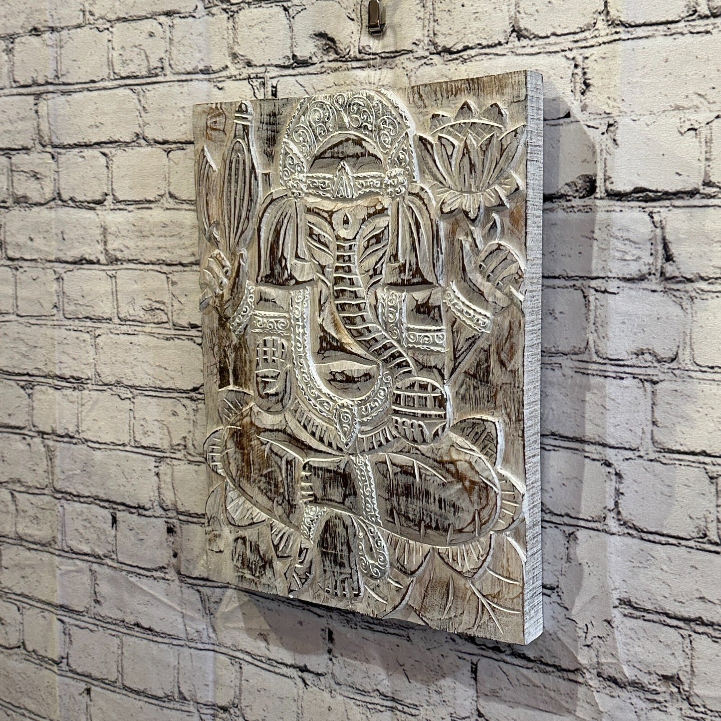 Wooden Wood Panel 40cm Brown White Ganesh Lotus Wall Art Plaque Handcarved