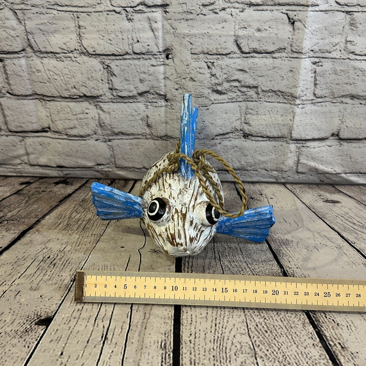 Blue White Folk Art Hand Painted Puffer Fish Coconut Shell Ornaments Hanging