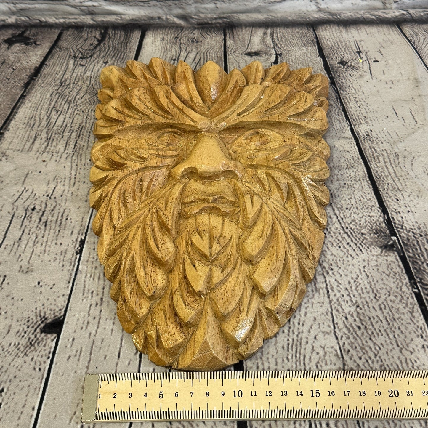 Flat Green Man Of The Woods 25cm Hand Carved Wizard Tree Trunk Wood Fairtrade