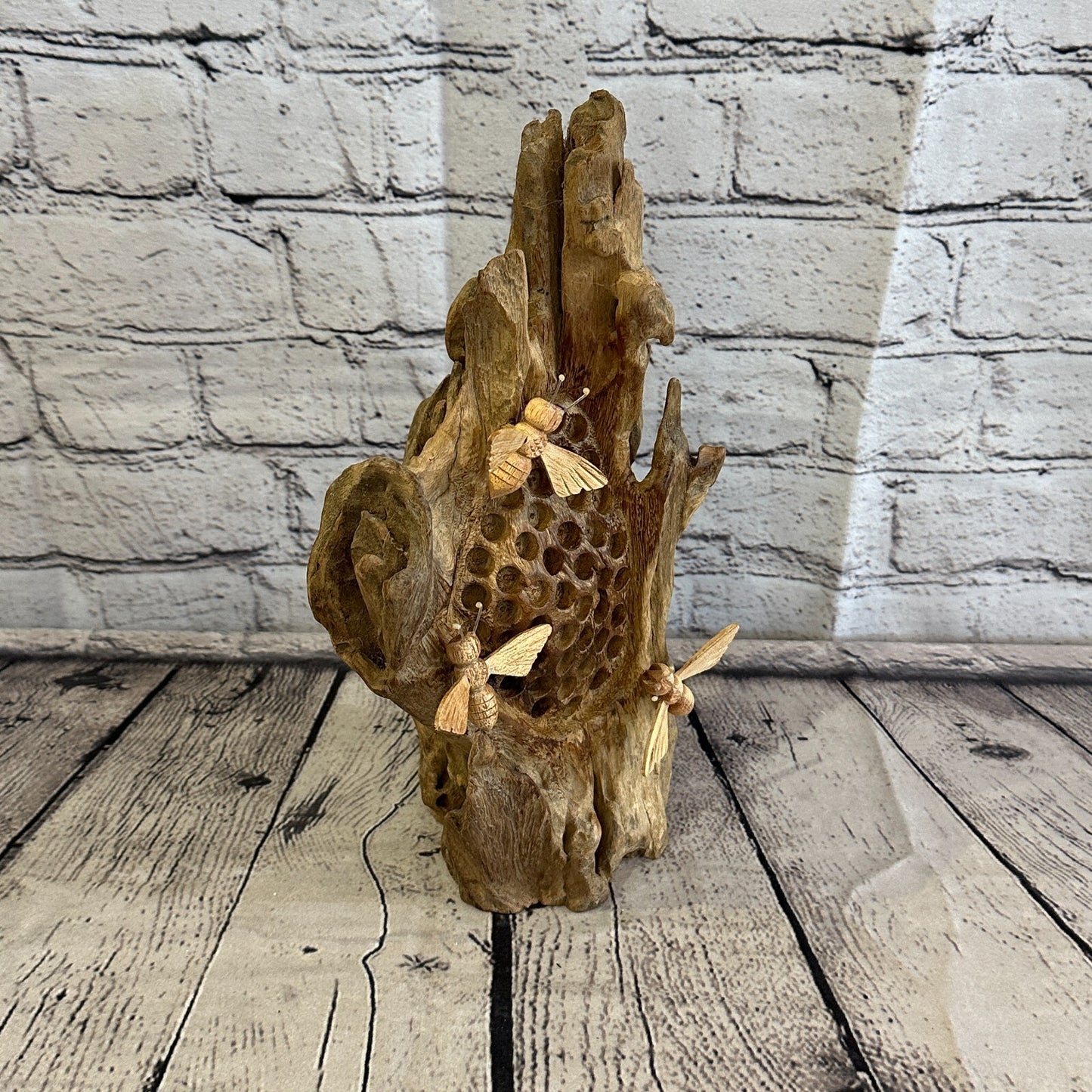 3 Bees Honeycomb Mushroom Parasite Wood Ornament Natural Carving Wooden Standing