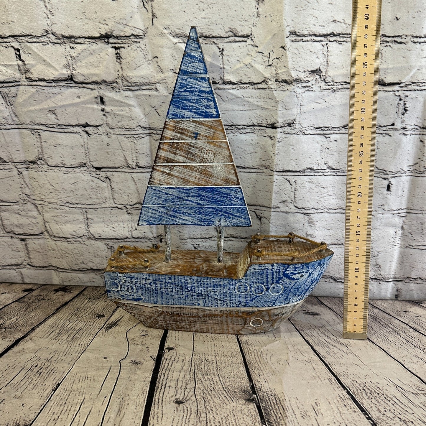 40cm Rustic Wooden Brown & Blue Sailing Boat Nautical Ornament Sculpture Decor