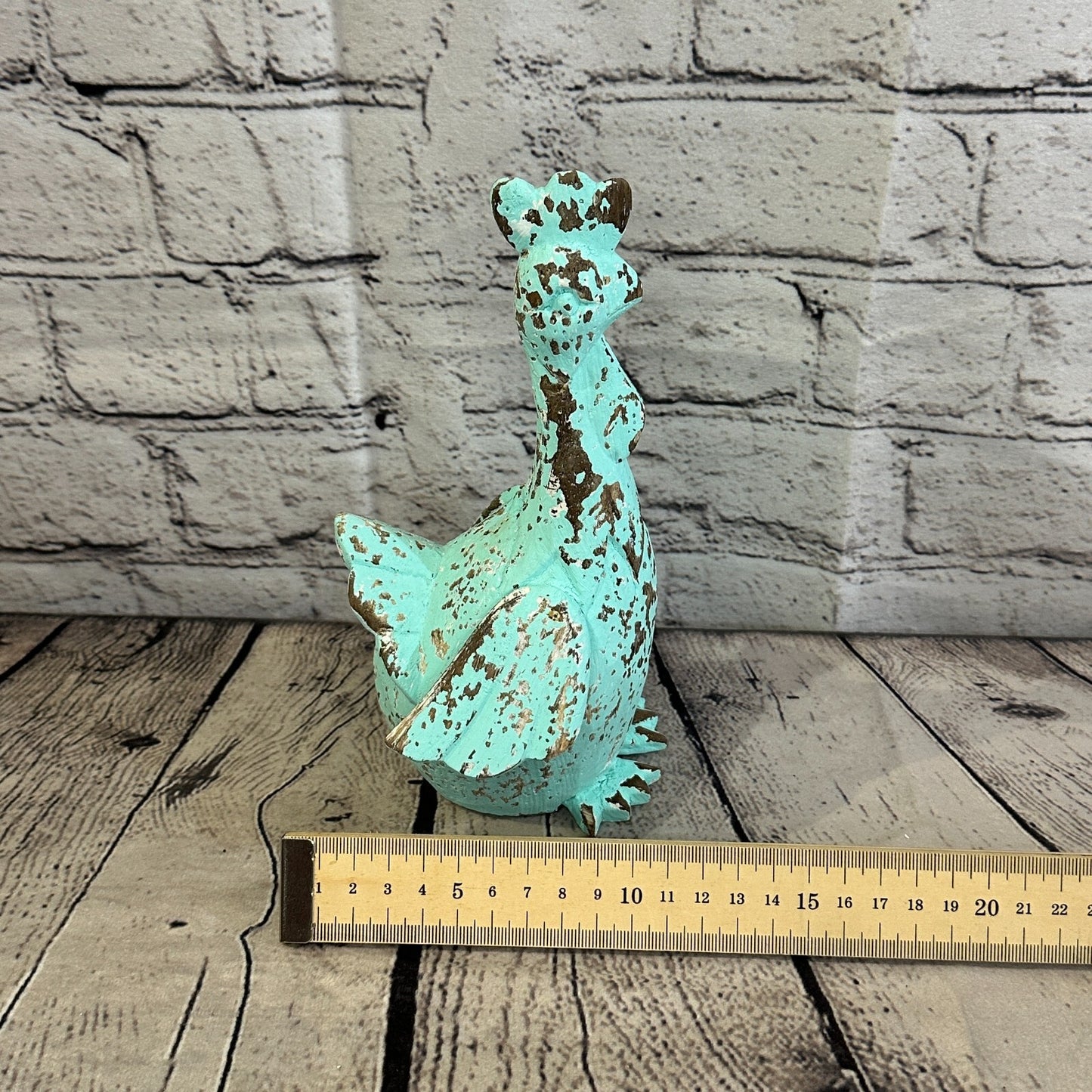 20cm x 10cm Green Shabby Wooden Rooster Cockerel Retro Collectable Hand Carved