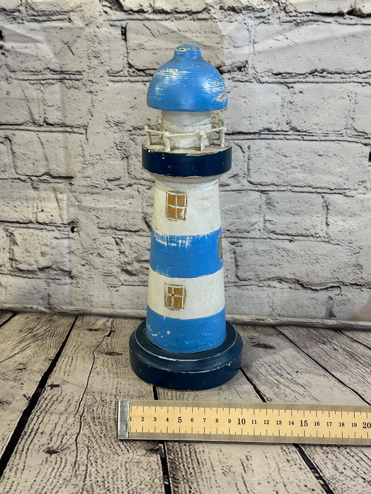 30cm Blue White Wooden Lighthouse Ornament Nautical Coastal Sculpture Statue