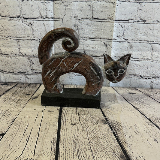 22cm x 20cm  Wooden Tribal Primitive Black Cat Stand Sculpture Statue Art