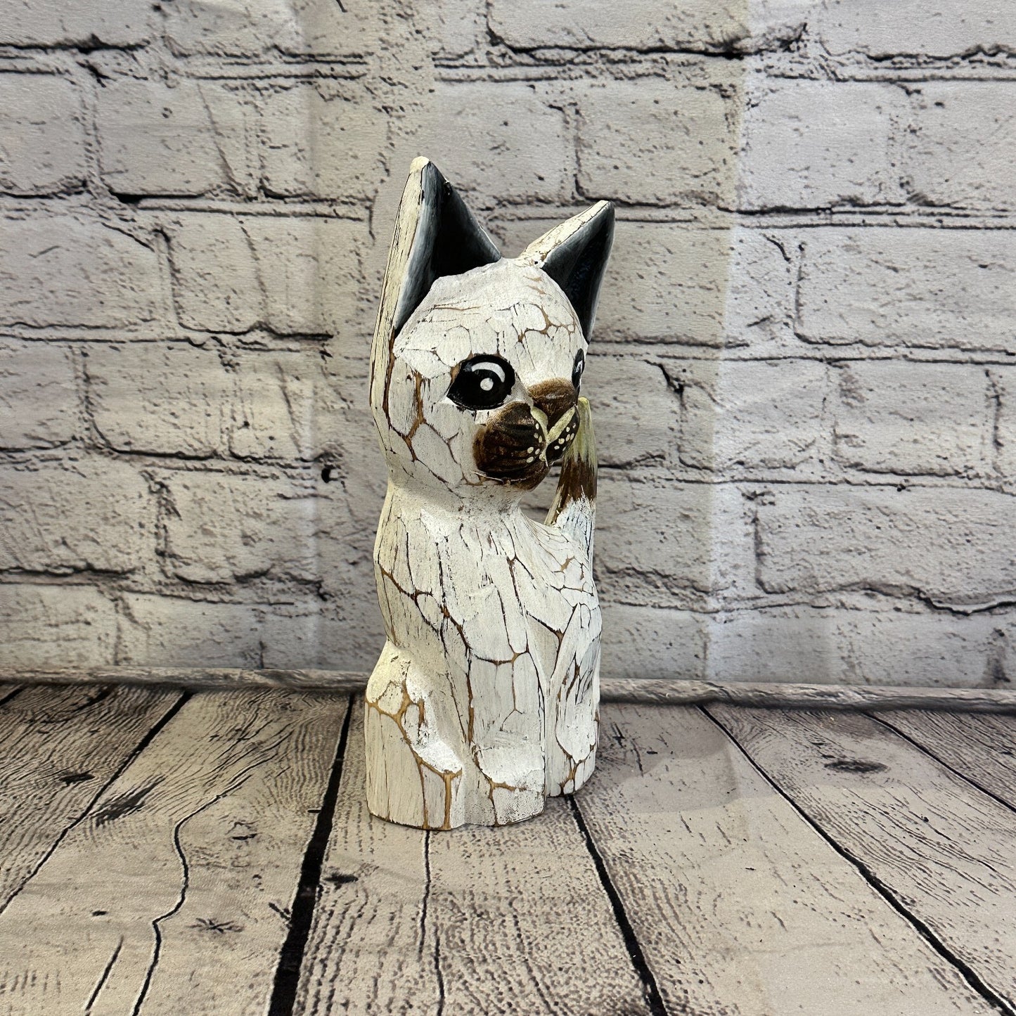 25cm x 10cm White Flower Wooden Shabby Cat Statue Ornament Fair Trade Handcarved