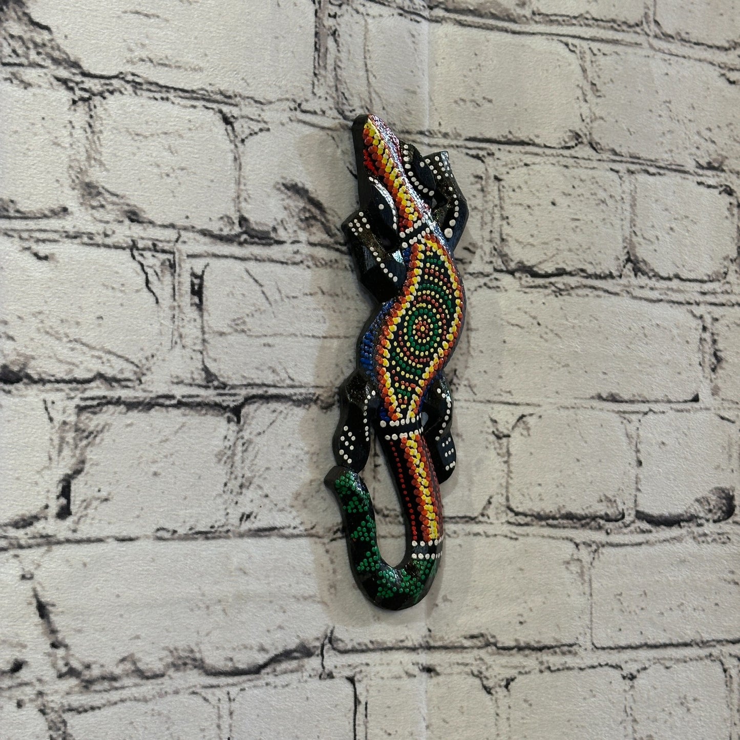 20cm Gecko Carved Wooden Dot Painted Ethnic Tribal Tiki Wall Handmade No 3
