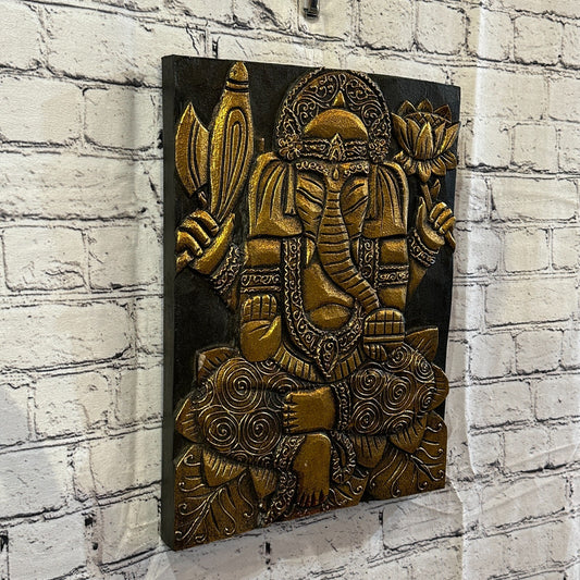 Wooden Wood Panel 40cm Brown Gold Ganesh Lotus Wall Art Plaque Handcarved