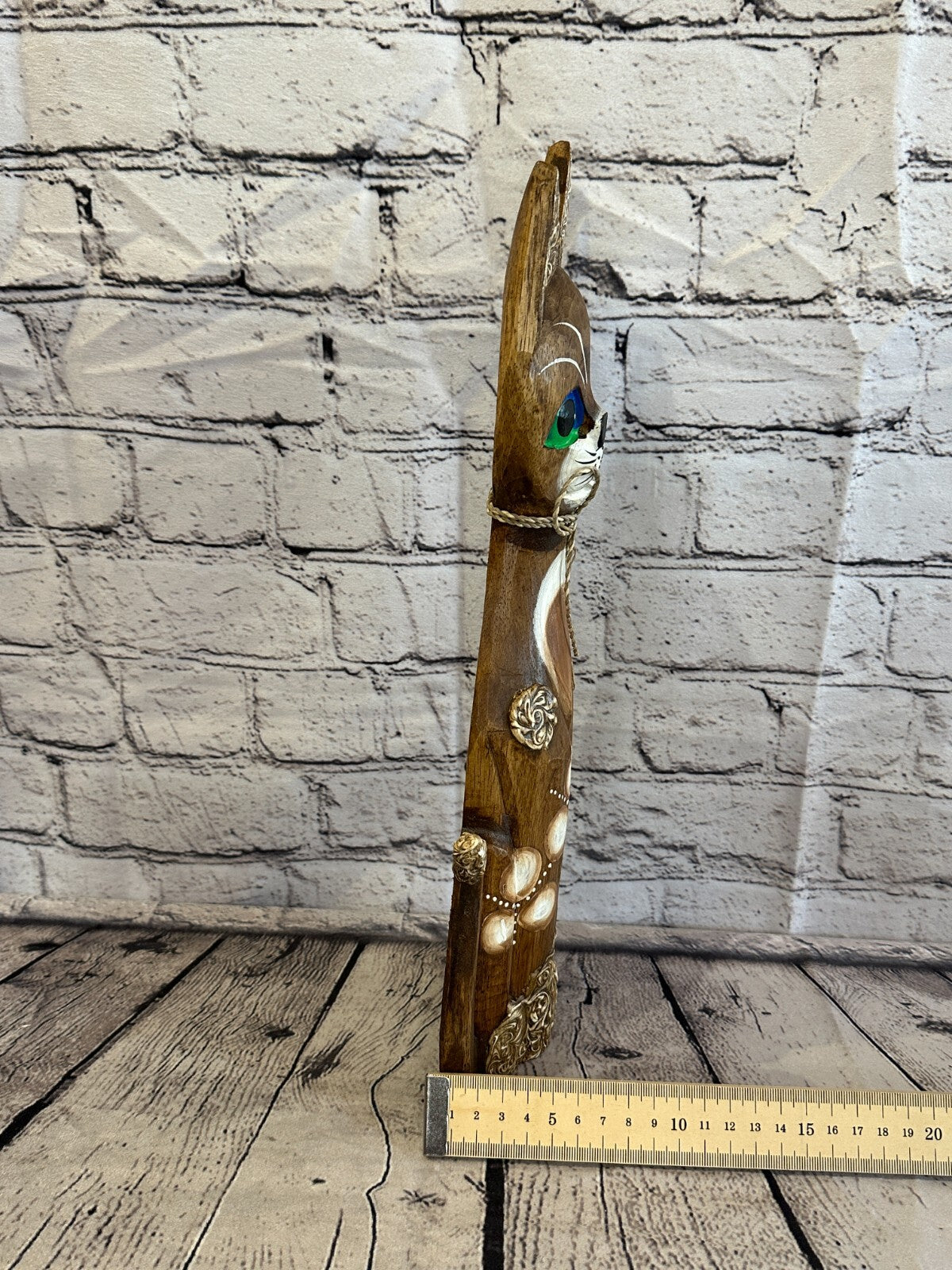 40cm Brown Swirl Flower Wooden Shabby Cat Statue Ornament Fair Trade Handcarved