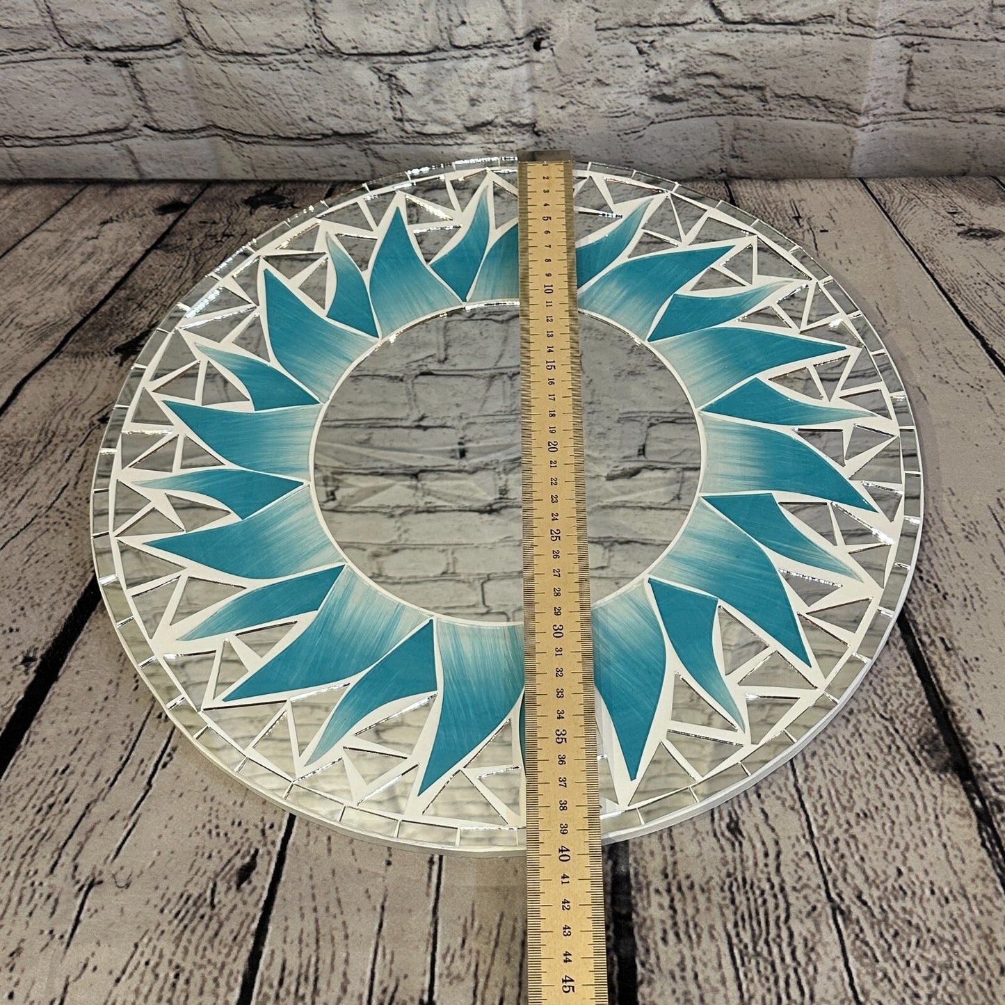 Turquoise Blue Flame Sun Mosaic Tile Wall Mirror 40cm x 40cm 16 Inches Handmade