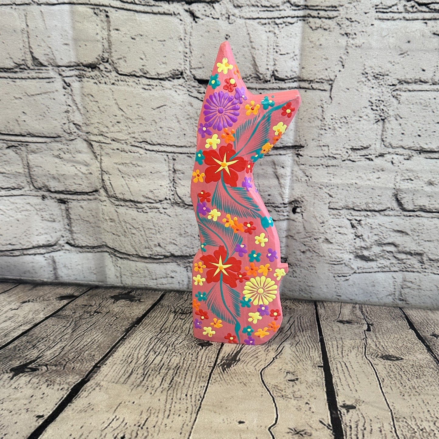 Pink Flat Back Wooden Cat With Flower Pattern 25cm x 8cm Handmade and Fairtrade