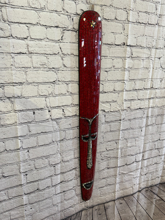80cm Red Mosaic Mirror Mask Carved Painted Ethnic Tribal Wall Art Handmade