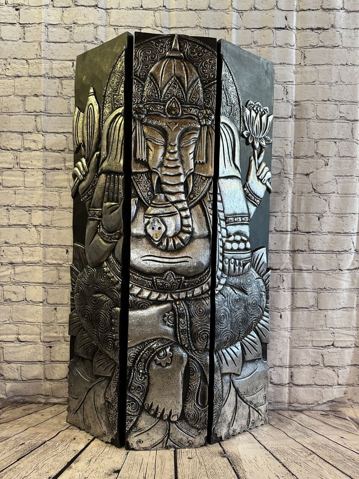 100cm x 60cm Ganesh Silver 3 Panel Wooden Wood Panel Wall Art Plaque Handcarved