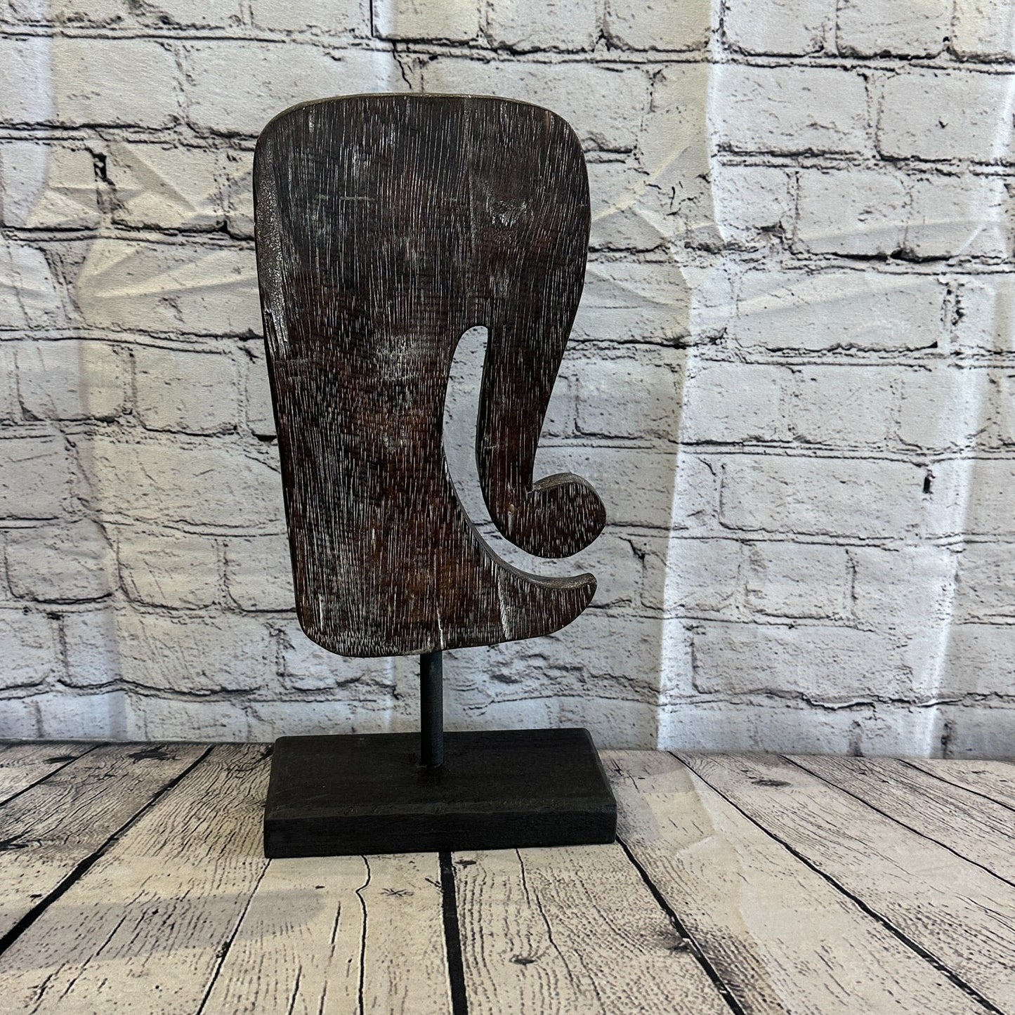 40cm x 20cm Wooden Tribal Primitive Black Elephant Head Stand Sculpture Statue