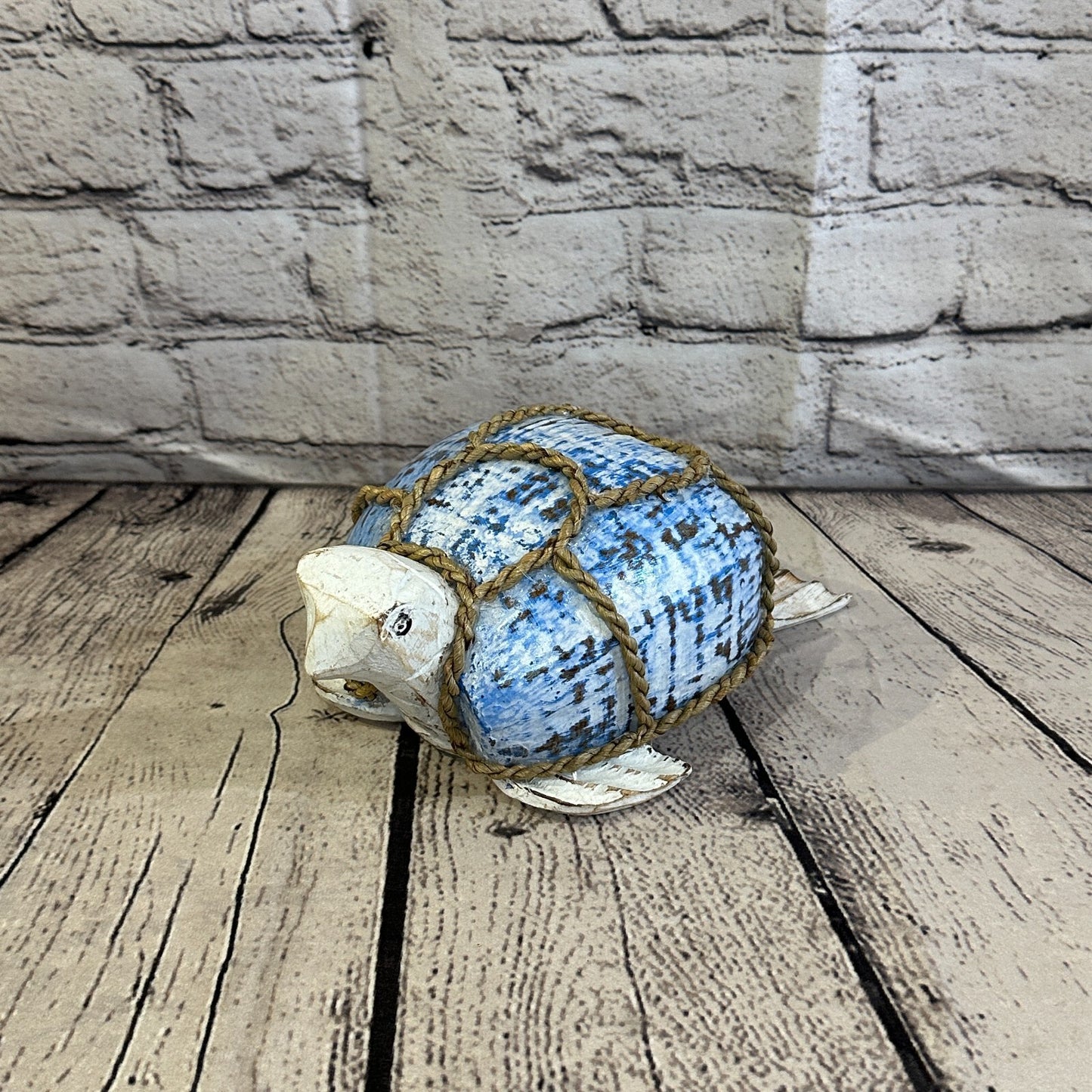 White Blue Folk Art Hand Painted Turtle Coconut Shell Ornaments Hanging Decor