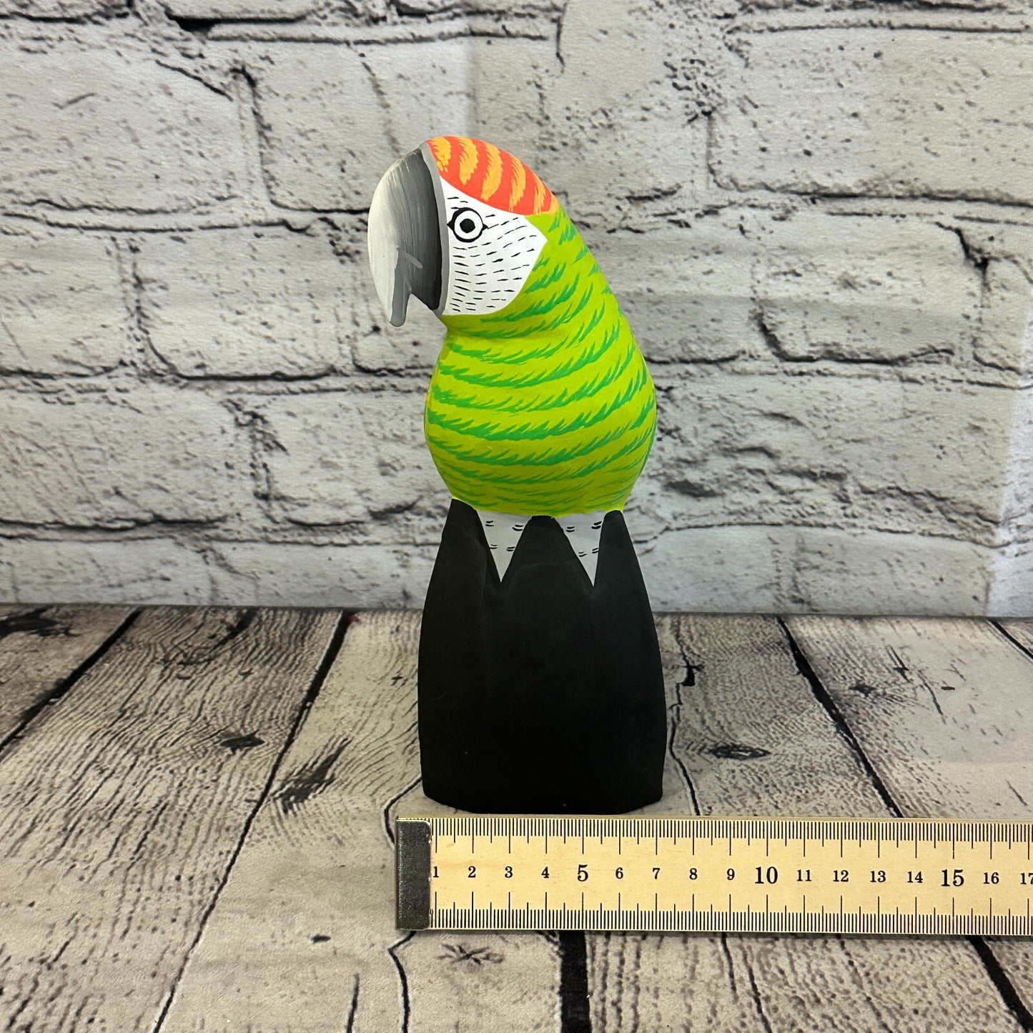 20cm Green Parrot Bird Ornament Statue Fair Trade Hand Made Carved Wood