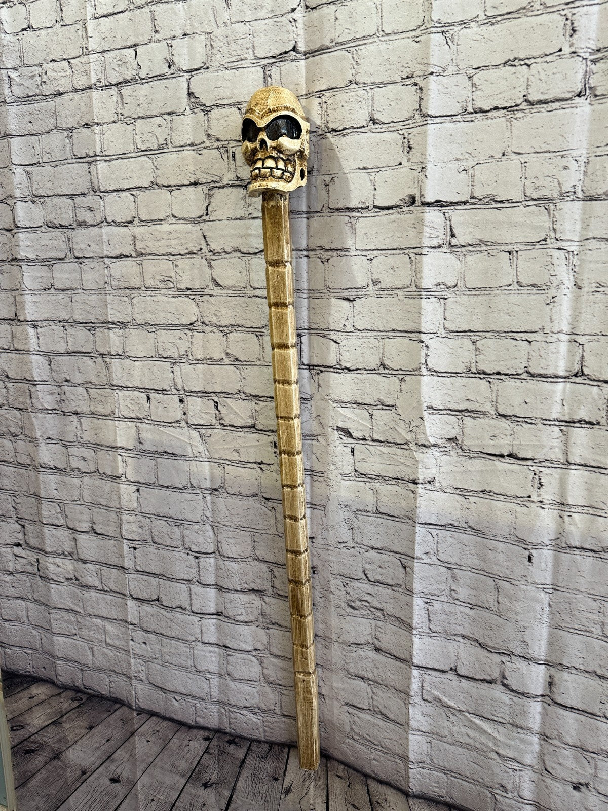 Skull Head Bald Plain 100cm Tribal Walking Stick Cane Hand Carved Light Wood